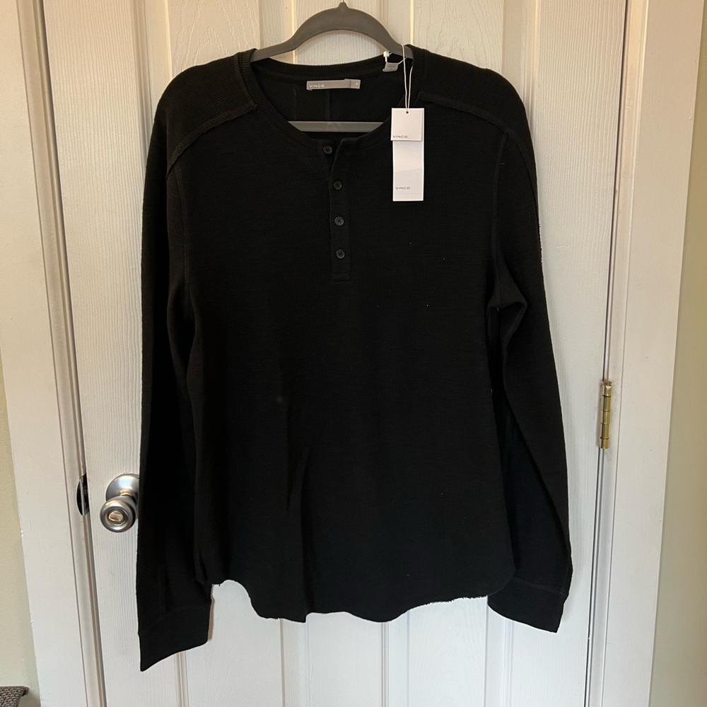NWT Vince Black Waffle Knit Long Sleeve Henley T-Shirt